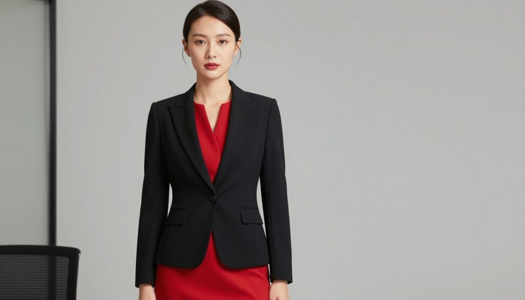 Elegancka stylizacja z czerwoną sukienką i czarnym żakietem na formalne wyjście
