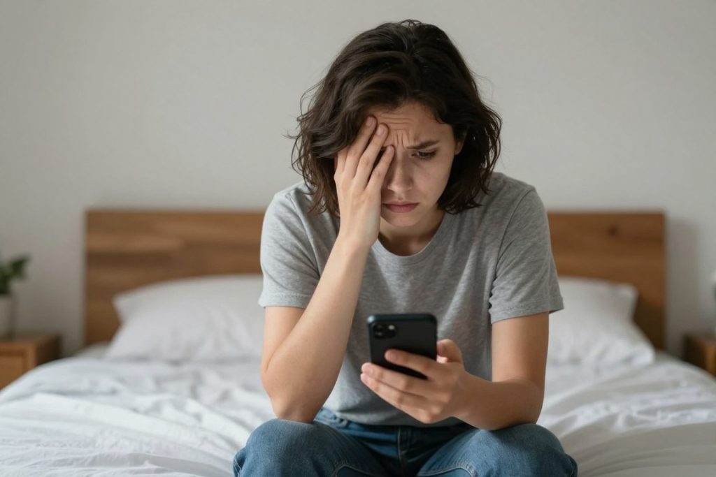 Osoba patrząca na telefon bez wiadomości podczas cichych dni w związku na odległość